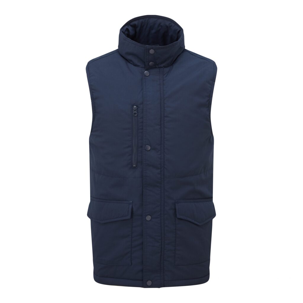 222 Wroxham Bodywarmer studded storm flap, flapped side pockets, hand-warmer pockets, zipped chest pockets.