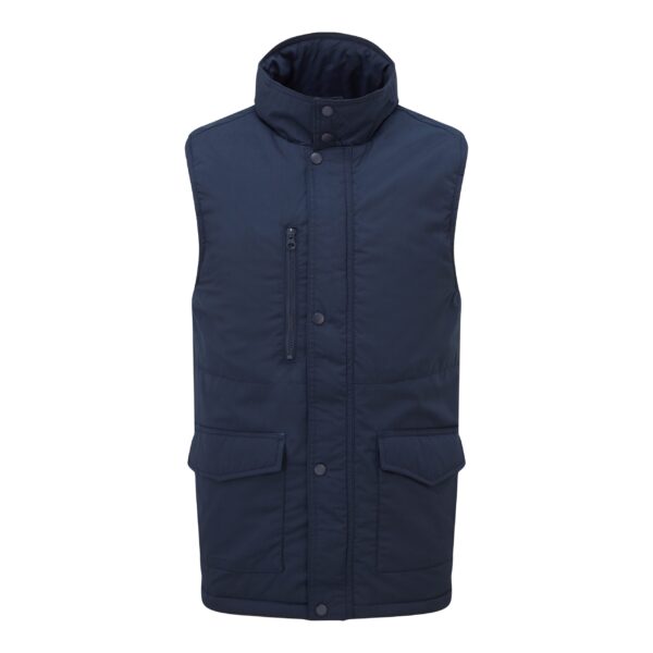 222 Wroxham Bodywarmer  studded storm flap, flapped side pockets, hand-warmer pockets, zipped chest pockets.