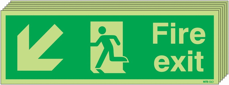 6PFX04011M - 150x450 6 pack 150x450 Fire Exit Running Man Arrow Down Left - Nite Glo Rigid