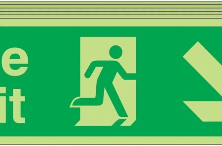 6PFX04111L - 150x450 6 pack 150x450 Fire Exit Running Man Arrow Down Right - Nite Glo Self Adhesive
