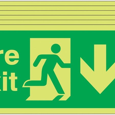 6PFX04210L - 150x300 6 pack 150x300 Fire Exit Running Man Arrow Down - Nite Glo Self Adhesive