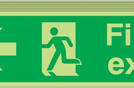 6PFX04311L - 150x450 6 pack 150x450 Fire Exit Running Man Arrow Left - Nite Glo Self Adhesive