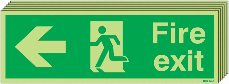 6PFX04311M - 150x450 6 pack 150x450 Fire Exit Running Man Arrow Left - Nite Glo Rigid