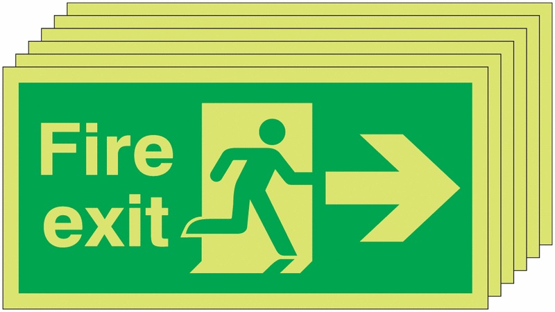 6PFX04410L - 150x300 6 pack 150x300 Fire Exit Running Man Arrow Right - Nite Glo Self Adhesive