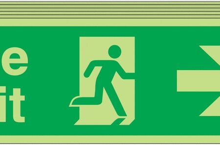 6PFX04411L - 150x450 6 pack 150x450 Fire Exit Running Man Arrow Right - Nite Glo Self Adhesive
