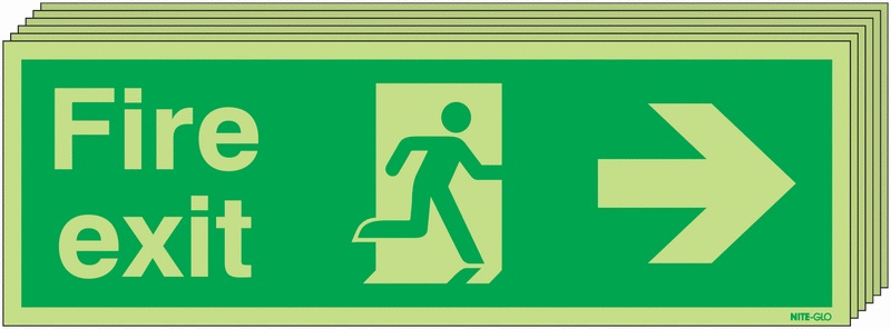 6PFX04411M - 150x450 6 pack 150x450 Fire Exit Running Man Arrow Right - Nite Glo Rigid
