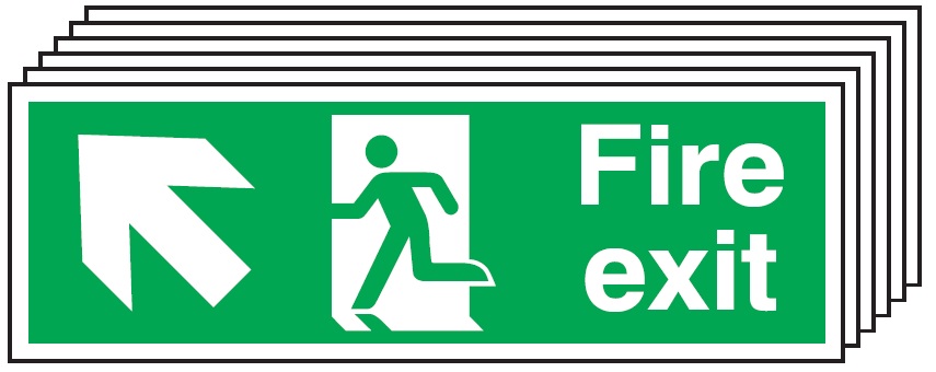 6PFX04510R - 150x300mm Fire Exit Running Man Arrow Up Left - Rigid Pk of 6