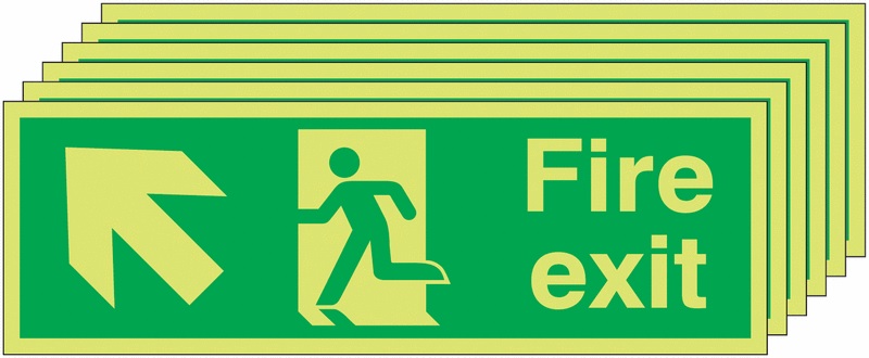 6PFX04511M - 150x450 6 pack 150x450 Fire Exit Running Man Arrow Up Left - Nite Glo Rigid
