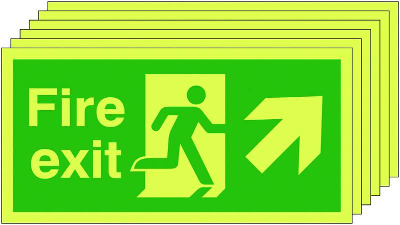6PFX04610L - 150x300 6 pack 150x300 Fire Exit Running Man Arrow Up Right - Nite Glo Self Adhesive