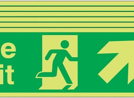 6PFX04611L - 150x450 6 pack 150x450 Fire Exit Running Man Arrow Up Right - Nite Glo Self Adhesive