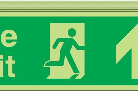 6PFX04711L - 150x450 6 pack Fire Exit Running Man Arrow Up - Nite Glo Self Adhesive