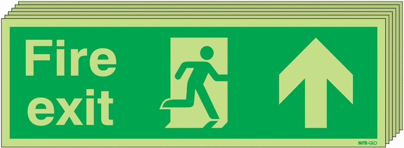 6PFX04711L - 150x450 6 pack Fire Exit Running Man Arrow Up - Nite Glo Self Adhesive
