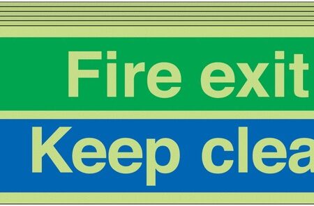 6PFX05111L - 150x450 6 pack 150x450 Fire Exit Keep Clear - Nite Glo Self Adhesive