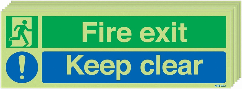 6PFX05111L - 150x450 6 pack 150x450 Fire Exit Keep Clear - Nite Glo Self Adhesive