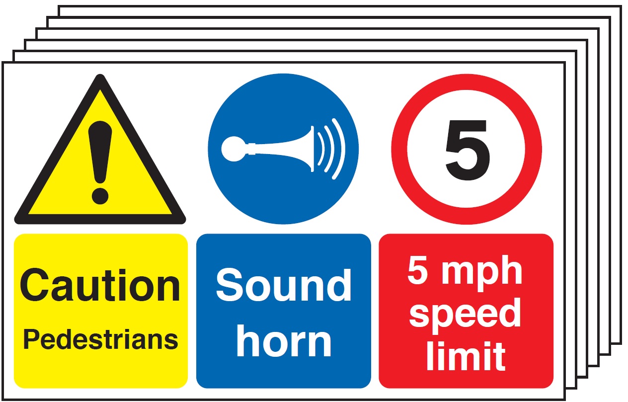 6PMS01029R - 300x500mm Caution Pedestrians Sound Horn 5mph Speed Limit - Rigid Pk of 6 - Image 1
