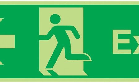 FX01611L - 150x450mm Exit Running Man Arrow Left - Nite Glo Self Adhesive