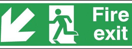 FX04011R - 150x450mm Fire Exit Running Man Arrow Down Left - Rigid