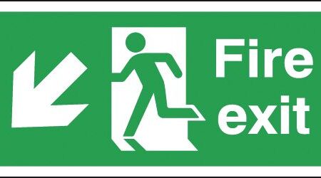 FX04010R - 150x300mm Fire Exit Running Man Arrow Down Left - Rigid