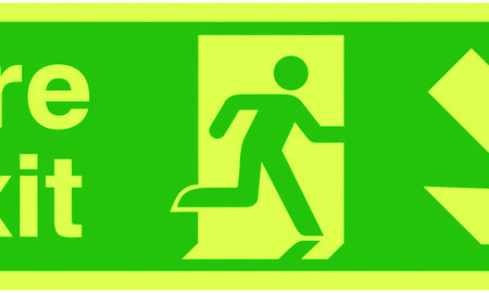 FX04111L - 150x450mm Fire Exit Running Man Arrow Down Right - Nite Glo Self Adhesive