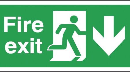 FX04210P - 150x300mm Fire Exit Running Man Arrow Down - Polycarbonate