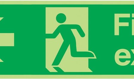 FX04311L - 150x450mm Fire Exit Running Man Arrow Left - Nite Glo Self Adhesive