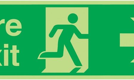 FX04411L - 150x450mm Fire Exit Running Man Arrow Right - Nite Glo Self Adhesive