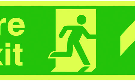 FX04711L - 150x450mm Fire Exit Running Man Arrow Up - Nite Glo Self Adhesive