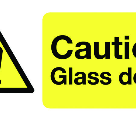 HA03338AK - 50x250mm Caution Glass Door - Face Adhesive Vinyl