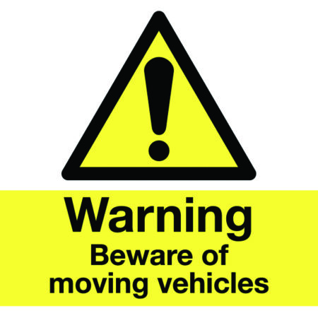 HA21336D - 450x600mm Warning Beware of moving vehicles stanchion sign