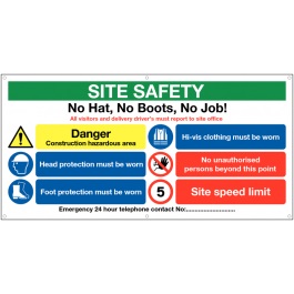 MM092BHBAN - 610x1220mm Site Safety No Hat No Boots - Banner Sign 500gsm