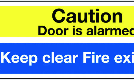 MS00611R - 150x450mm Caution Door is Alarmed Keep Clear Fire Exit Only - Rigid