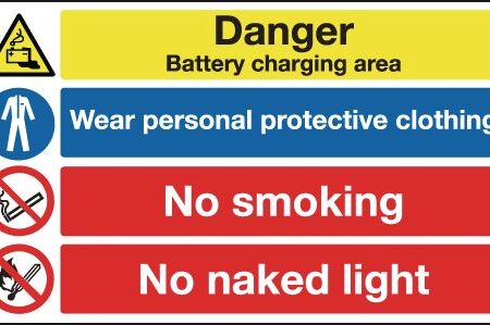 MS02029R - 300x500mm Danger Battery Charging Area Wear Personal Protective Clothing No Smoking No Naked Light - Rigid