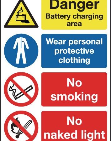 MS02050R - 297x210mm Danger Battery Charging Area Wear Personal Protective Clothing No Smoking No Naked Light - Rigid