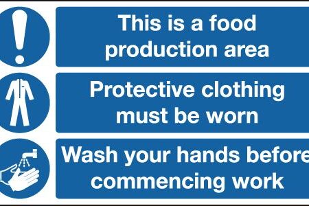 MS06429R - 300x500mm This Is A Food Production Area, Protective Clothing Must Be Worn, Wash Hands - Rigid