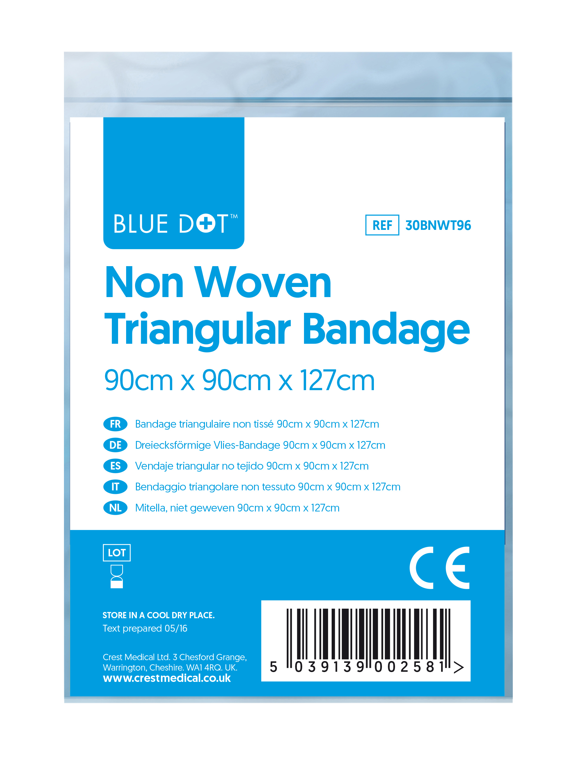 30BNWT96 - Blue Dot Non-Woven Triangular Bandages 90cm x 90cm x 127cm