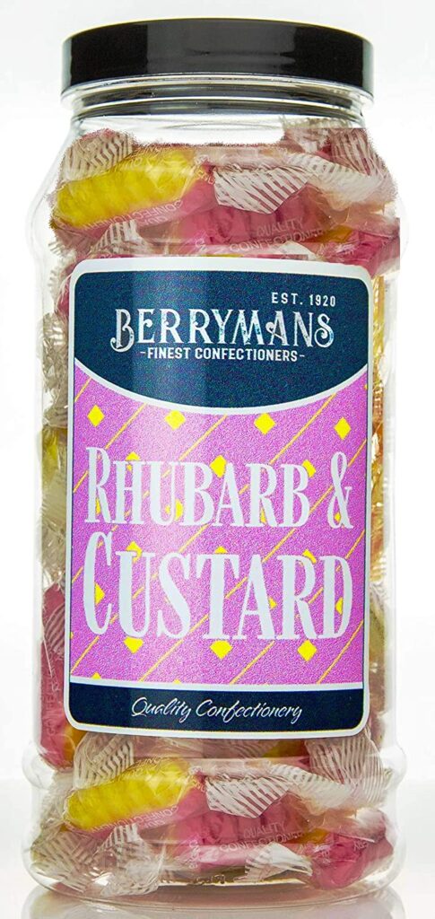 Original Rhubarb and Custard Sweets Retro Boiled Sweets Gift Jar By Berrymans Sweet Shop - Classic Sweets, Traditional Taste.