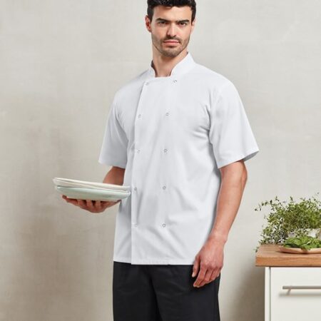 PR664 - Studded front short sleeve chef's jacket,  Mandarin Collar with topstitching