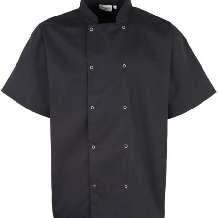 PR664 - Studded front short sleeve chef's jacket,  Mandarin Collar with topstitching - Image 4