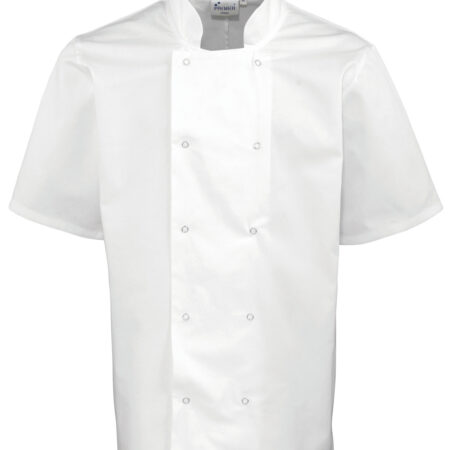 PR664 - Studded front short sleeve chef's jacket,  Mandarin Collar with topstitching - Image 2