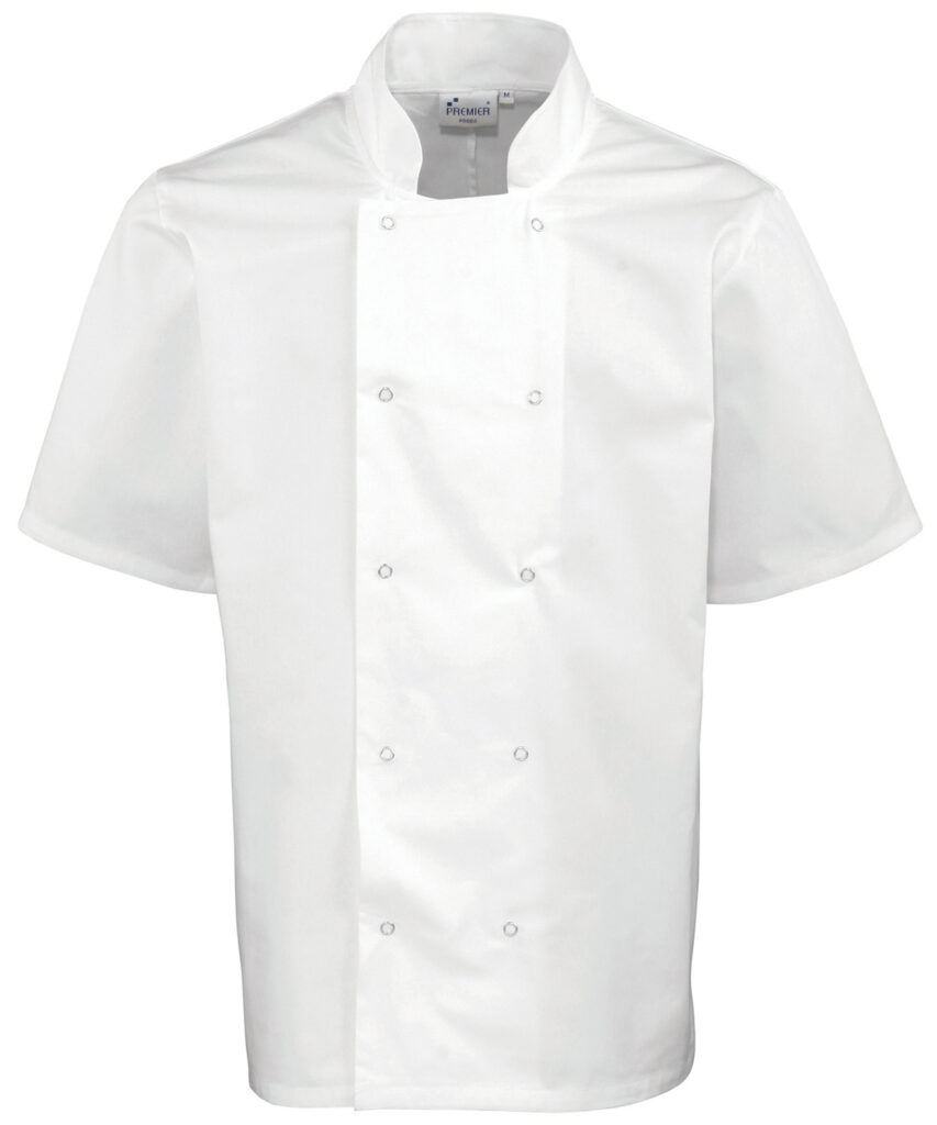 PR664 - Studded front short sleeve chef's jacket,  Mandarin Collar with topstitching