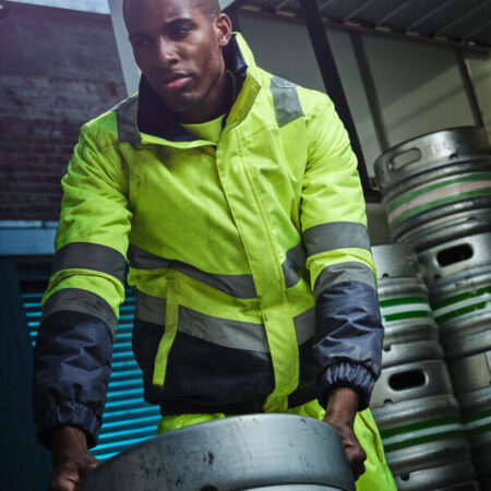 TRA218- Regatta Pro Hi Vis Bomber Jacket, angled hi-vis chevrons show which way you’re facing in low light.