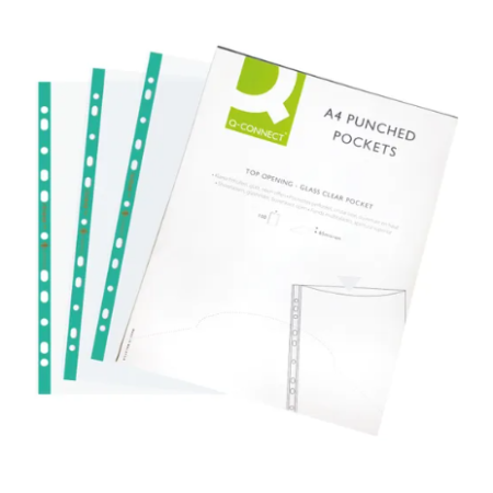 Delux Punched Pocket Top Opening Green Strip A4 Clear (Pack of 100)