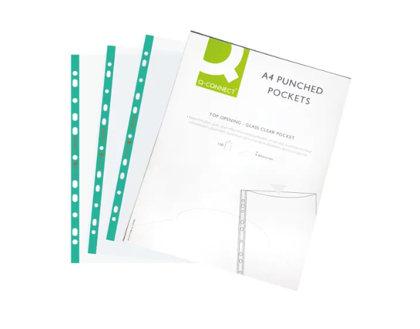 Delux Punched Pocket Top Opening Green Strip A4 Clear (Pack of 100)