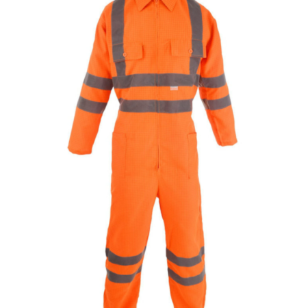 196 Flame Retardant & Antistatic Orange Overall Fabric 160g Lightweight, Breathable 98% Polyester With Black 2% Carbon Grid