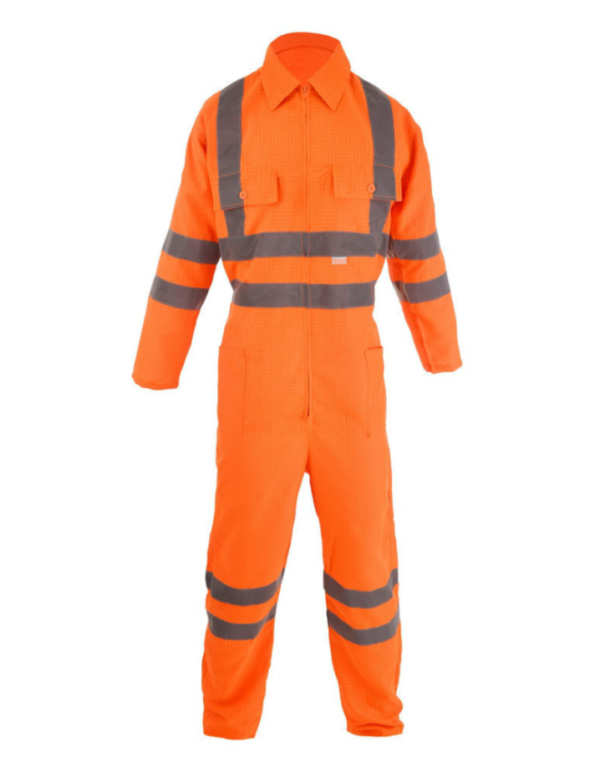 196 Flame Retardant & Antistatic Orange Overall Fabric 160g Lightweight, Breathable 98% Polyester With Black 2% Carbon Grid