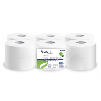 812297 Lucart White 2 Ply Mini Jumbo Toilet Roll 150M x 86mm, Core 60cm, Pack of 12 (1)