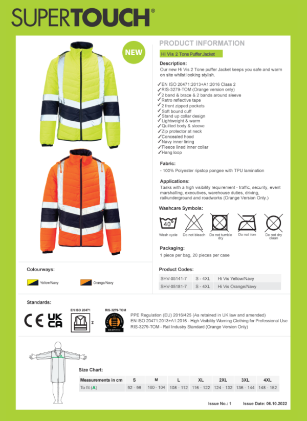 Hi Vis Orange 2 Tone Puffer Jacket Stylish, safe and warm RIS-3279-TOM