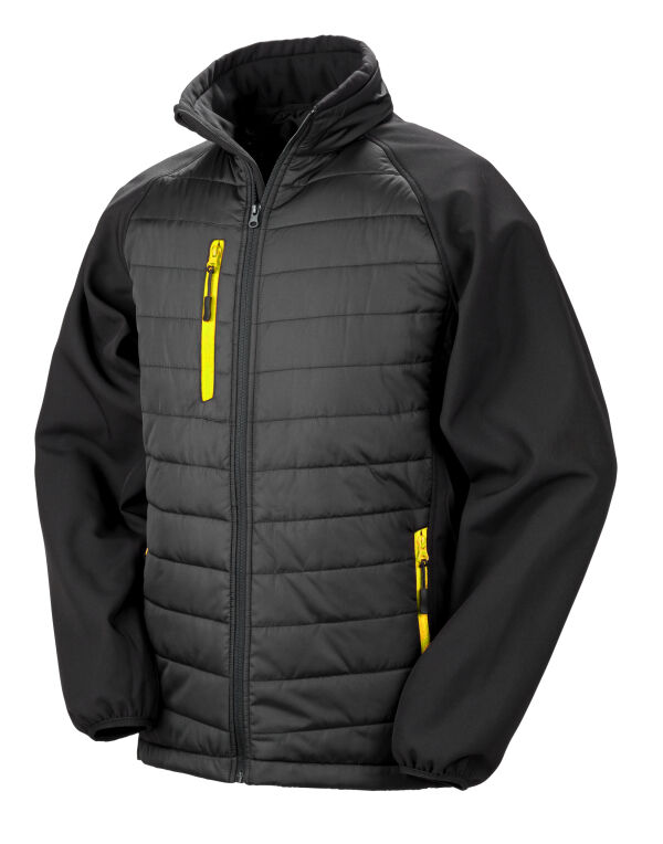 Result R237X Compass-Colour trim, softshell with on-trend padding for extra warmth. It is showerproof, breathable, and windproof.