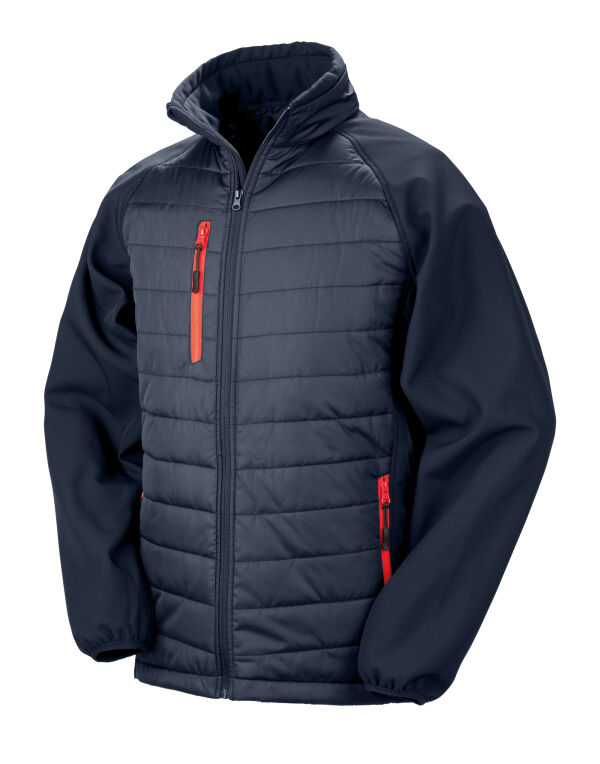 Result R237X Compass-Colour trim, softshell with on-trend padding for extra warmth. It is showerproof, breathable, and windproof.