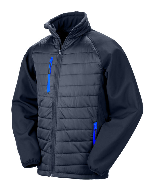 Result R237X Compass-Colour trim, softshell with on-trend padding for extra warmth. It is showerproof, breathable, and windproof.